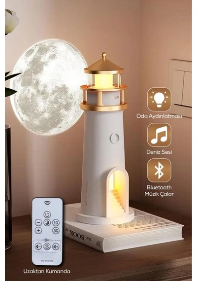 Deniz Feneri Görünümlü Bluetoothlu Hoparlör Ve Gece Lambası Hediy Beyaz