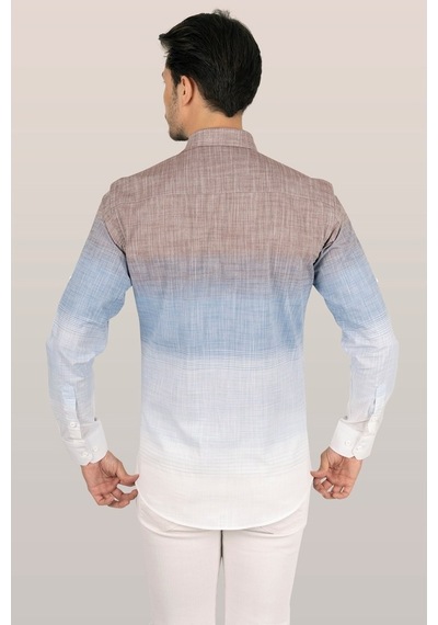 Panolu Kahve Mavi Geçişli Slimfit Keten Erkek Gömlek Kahverengi