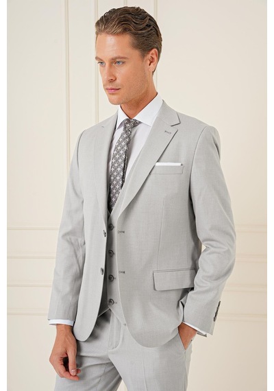 Efor Slim Fit Dokulu Çift Yırtmaç Yelekli Klasik Gri Takım Elbise Tk 898 Gri