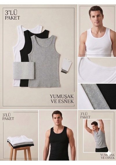 Nacar Store Erkek 3'lü Paket %100 Pamuklu Penye Atlet Siyah-gri-beyaz Renk