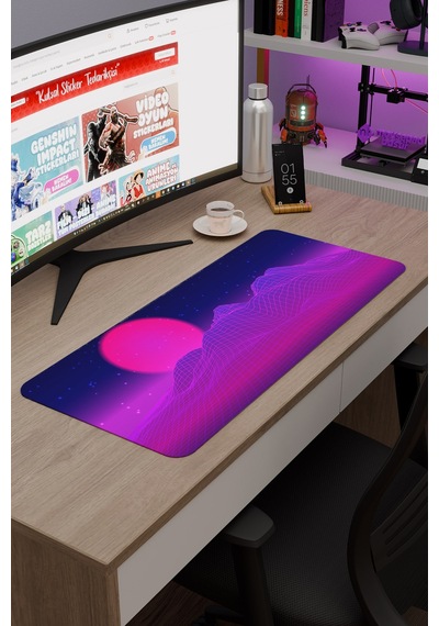 Vaporwave Grid Kaymaz Dikişli Kauçuk Oyuncu Mousepad V2 - 70x30 Xl Gaming Mouse Pad Fare Altlığı