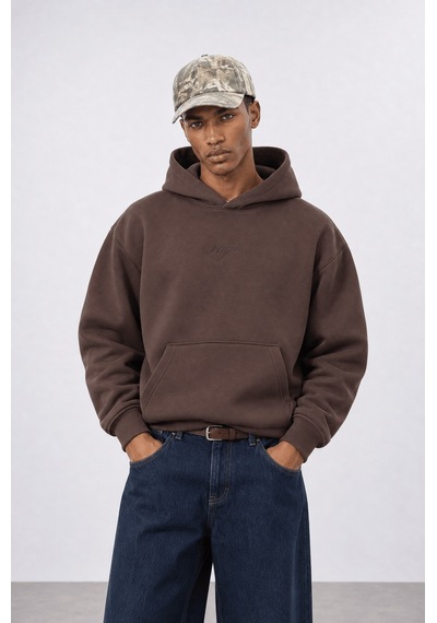 Respire Erkek Rosette Nakışlı Oversize Hoodie Kahve
