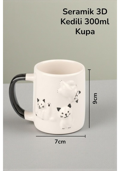 Seramik Kabartmalı 3 Kedili Kupa -300ml