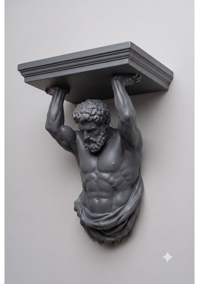 3d Mitolojik Atlas Heykeli Duvar Rafı Gri