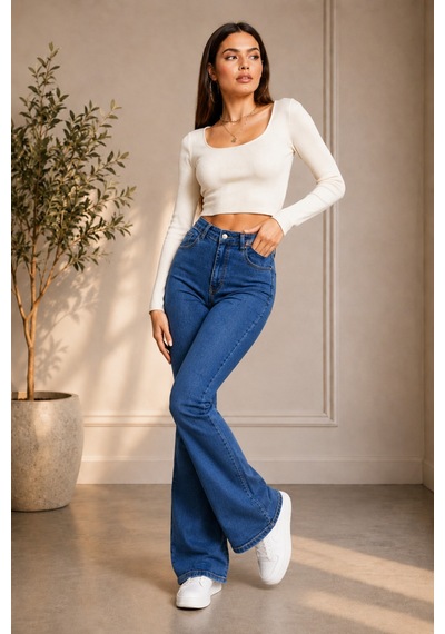 Woddi Kadın Lacivert Jeans Solmayan Yüksel Bel Likralı Toparlayıcı İspanyol Kot Pantolon
