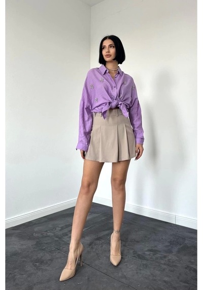 Defymoda Lila Kristal Taşlı Gömlek Lila
