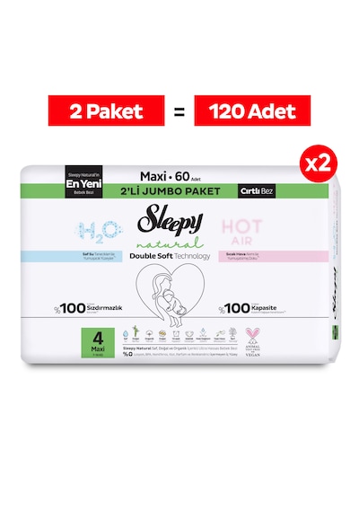Sleepy Natural Double Soft Avantajlı Mega Paket Bebek Bezi 4 Numara Maxi 120 Adet