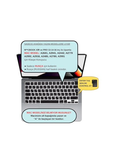 Apple Uyumlu MacBook Rusça Klavye Koruyucu Uk Iso Ters L Enter M1-m5 A2681 A3113 A3240 A3449 A2941 A3241 A