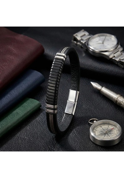 Moncuk Design Siyah Deri Ve 316l Halat Çelik Erkek Bileklik 33514b19d2