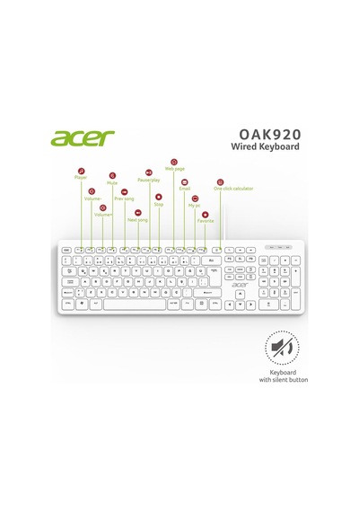 Acer Oak920 Q Usb Beyaz 1.8mt Kablolu Klavye-tek Tuş Hesap Makinalı Sessiz Tuş