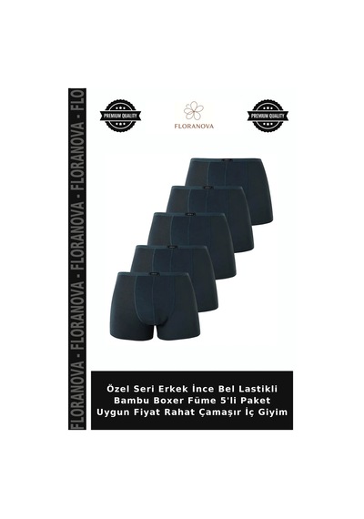 Floranova Özel Seri Erkek İnce Bel Lastikli Bambu Boxer Füme 5'li Paket Uygun Rahat Çamaşır İç Giyim