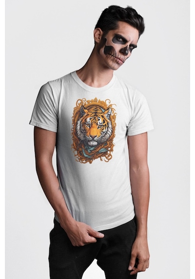 Kaplan Süs Unisex Unisex Beyaz Organik Baskılı T-shirt Penye Yüksek Kalite Beyaz