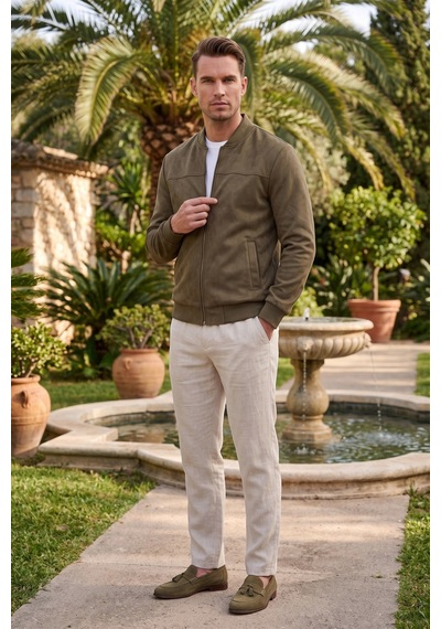 Rizzup Erkek Slim Fit Likralı Haki Süet Ceket Kırışmayan Ütü Gerektirmeyen Mevsimlik Mont 2504334