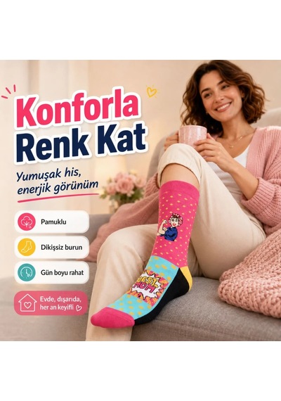 DS Wak Best Mom Kadın Çorabı 36-40 Pamuklu Dikişsiz Burun Pop Art Desenli Renkli Soket Hediyelik Çorap Çok  Renkli
