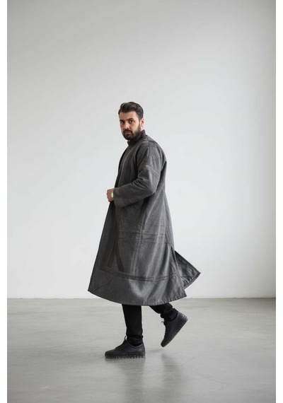 Erkek Uzun Klasik Kürk Palto Görünümlü Kışlık Dış Giyim Unisex Füme