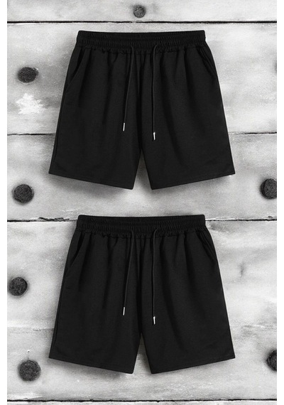 Uyguntarz 2'li Paket Unisex Pamuklu Rahat Penye Şort Siyah