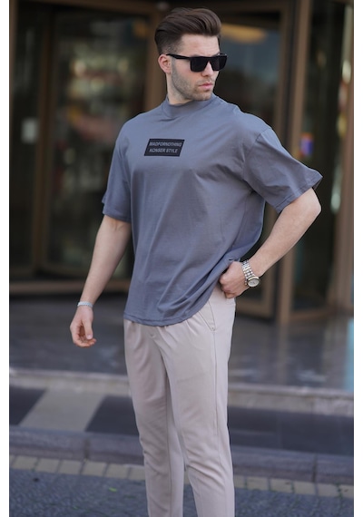 Madmext Füme Yalancı Dik Yaka Oversize Erkek Tişört 7005-füme Füme
