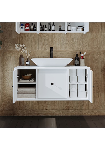 Gusto Ayaksız Lavabolu Mdf 105 Cm Çekmeceli Banyo Dolabı Beyaz Mat Beyaz