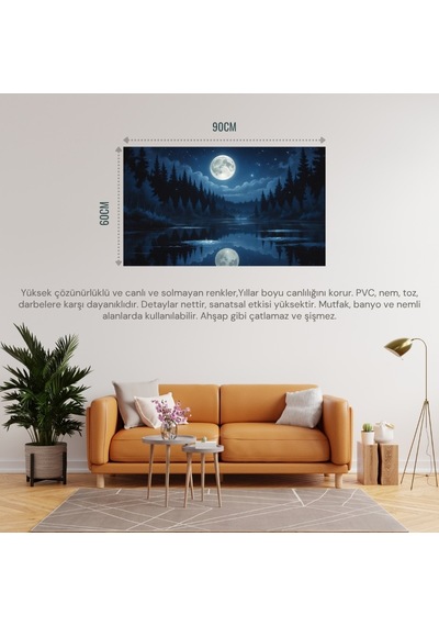 Doğa Ve Manzara Yatay Sakin Bir Gölün Üzerinde Parlayan Dolunay Suda Yansıyan Yıldızlar 04 Çerçevesiz 90x60cm Pvc Tablo