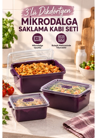 3 Lü Dikdörtgen Mikrodalga Saklama Kabı Seti