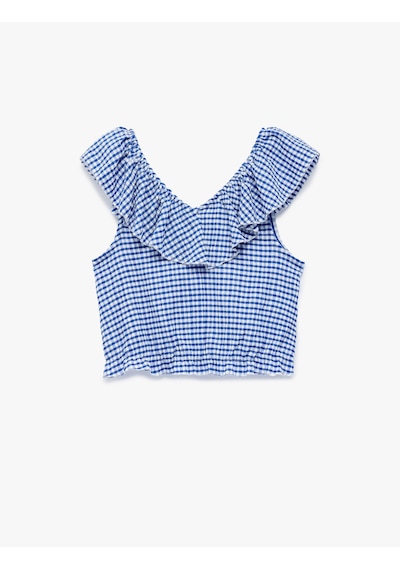 Koton Fırfırlı Kolsuz Düşük Omuz Ekoseli Crop Bluz Mavi Ekoseli 6skg60064ak Mavi
