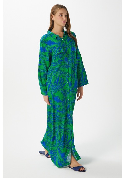 Ritnice Modest Kadın Leaf %100 Viskon Mavi Yeşil Önden Düğmeli Uzun Elbise Yeşilsaksmavi Çok Renkli Ritnice Modest Kadın Leaf %100 Viskon Mavi Yeşil Önden Düğmeli Uzun Elbise Yeşilsaksmavi Çok Renkli
