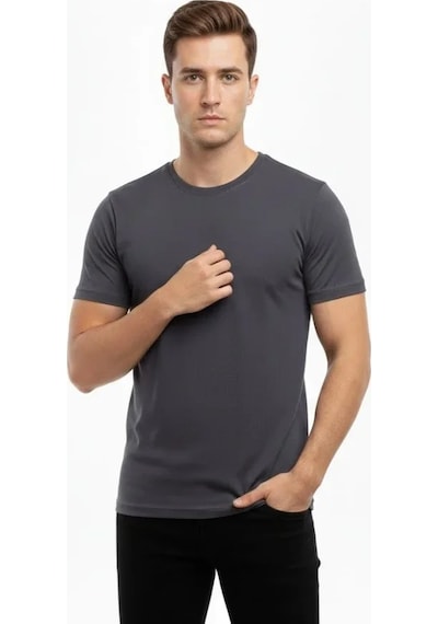Veraura Lifestyle Erkek T-shirt Bisiklet Yaka Slim Fit Dar Kesim Likralı Tişört Günlük Basic Body - Füme