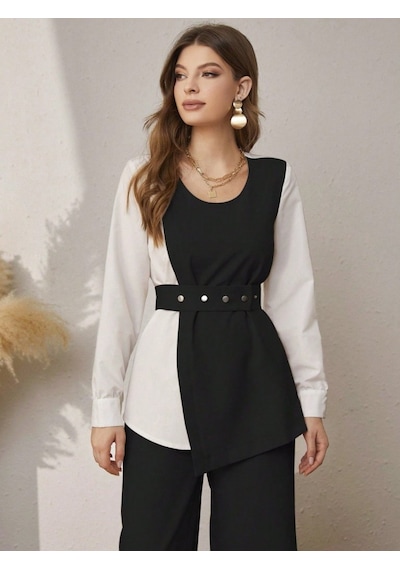 Moderie Butik Kadın Uzun Kollu Açık Yakalı Çift Renkli Kemerli Ithal Krep Ikili Takım Siyah Moderie Butik Kadın Uzun Kollu Açık Yakalı Çift Renkli Kemerli Ithal Krep Ikili Takım Siyah