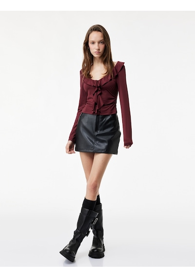 Koton Fırfır Detaylı Uzun Kollu Slim Fit V Yaka Tişört Bordo 6wal10543ık
