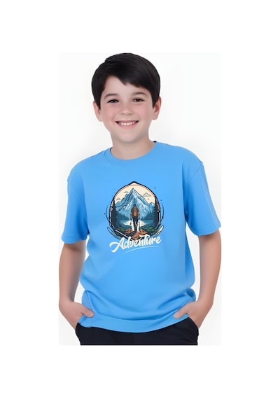 Panios Kids Adventure Baskılı Erkek Çocuk Yuvarlak Yaka Kısa Kollu T-shirt Mavi