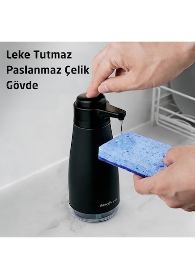 Sense Touch Manuel Pompalı Sıvı Sabunluk Paslanmaz Çelik 450ml Şeffaf Seviye Bölmesi Parm Siyah