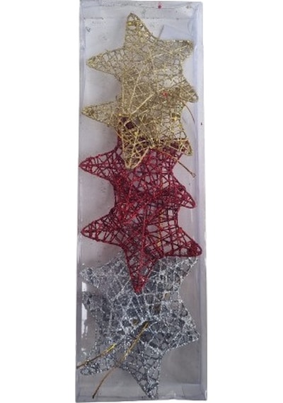 6 Adet Yılbaşı Ağacı Tel Yıldız Süs 8 Cm - Kırmızı, Gümüş, Altın Renkli 3 Boyutlu Lüks Dekorasyon Seti Özel Pvc Kutulu