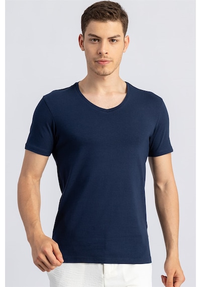 Tudors 16653 Slim Fit Dar Kesim V Yaka Kısa Kol Basic Erkek Tişört Lacivert