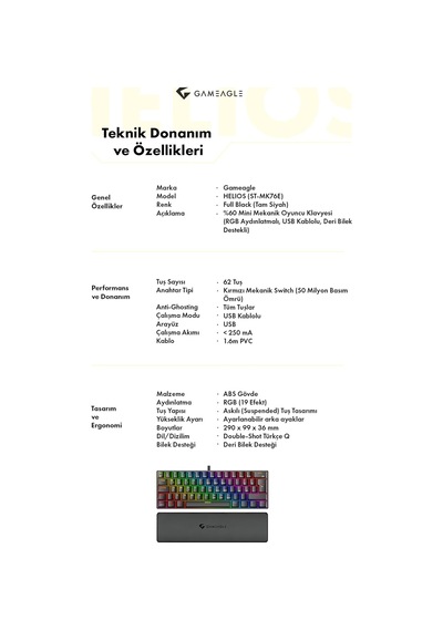 60% Kablolu Rgb Mekanik Oyuncu Klavyesi, 62 Tuşlu Türkçe Q Siyah