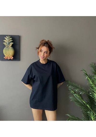 Kadın Oversize Basic Tişört Salaş Kesim Pamuklu Günlük T-shirt SIYAH