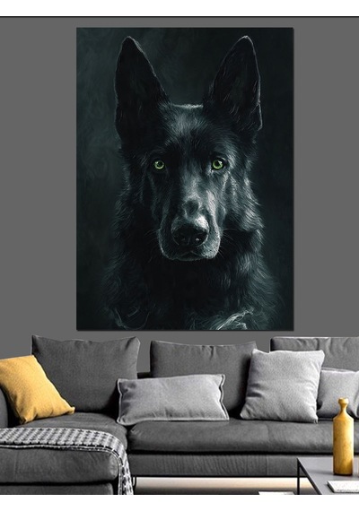 Siyah Kurt Köpek Portresi Dekoratif Kanvas - Mdf Ahşap Tablo