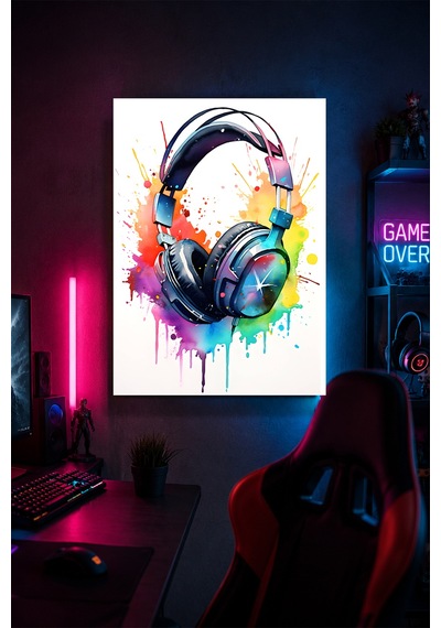 Gaming Kulaklık Metal Duvar Tablosu Gamer Oda Dekoru Renkli Modern Tasarım 30x40 Cm A3 Boyutunda