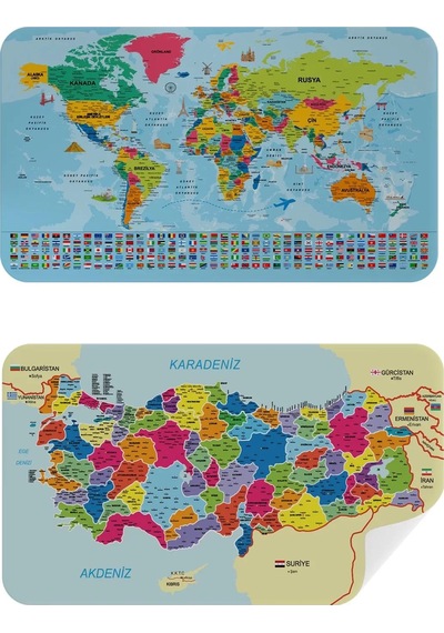 Türkçe Dünya Ve Türkiye Haritası Ülke Bayraklı Çocuk Ve Genç Odası Duvar Sticker-60x105-3882bayrak Renkli