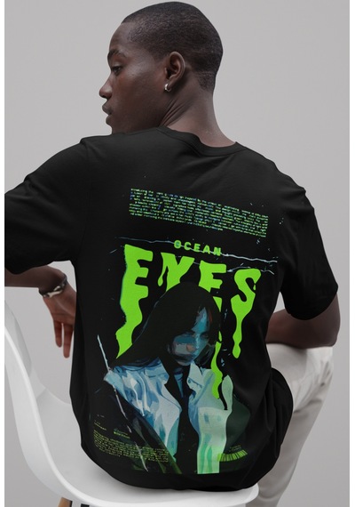 Sevbano Tasarım Billie Eilish Ocean Eyes Sırt Baskılı Unisex Oversize Şar Siyah