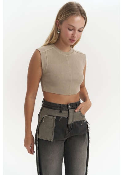 Mai Collection Mai Studios Co. Swipe Haki Yıkamalı Crop Haki