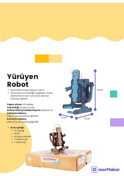 Türk Malı Yürüyen Robot Dc Motorlu Ahşap Oyuncak Stem-a Set Çocuklar İçin Boyanabilir Maket