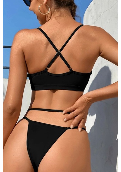 Siyah File Detaylı Şık Bikini Takımı Yüksek Bel Esnek Kumaş Yazlık Kadın Mayo Seti