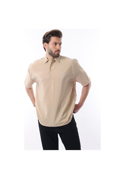 Madmext Bej Oversize Rahat Kesim Kısa Kollu Gömlek 6744