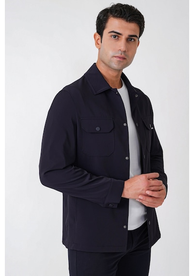 Comfort Fit Yan Cepli Esnek Pamuklu Çıtçıtlı Lacivert Gömlek Ceket C 736
