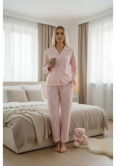 Burcumay Kadın Kalpli Desenli Süet Gömlek Yaka Uzun Kol Pembe Kışlık Pijama Pembe