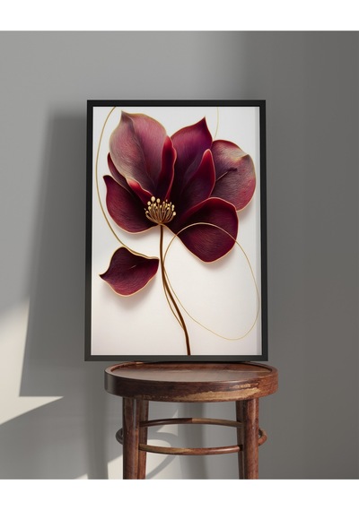 Tablo Ahşap Çerçeveli Tablo Çerçeveli Poster Bordo Altın Çizgili Çiçek Temalı Tablo