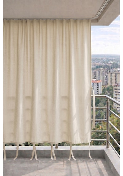 Bej Balkon Perdesi Kornişli Bağcıklı Su Geçirmez Güneşlik Dış Mekan Dayanıklı Modern Balkon Brandası