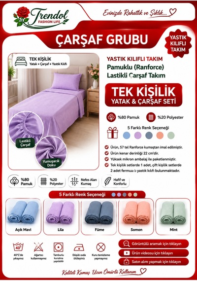 Tek Kişilik /pamuklu Lastikli Çarşaf Takım/2'li Yastık Kılıflı Takım Yeşil Yeşil