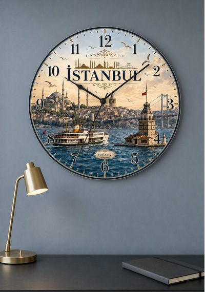 AA Shop İstanbul Türkiye Şehir Manzaraları Desenli Dekoratif Baskılı Ahşap Duvar Saati 45 Cm Sessiz Akar Mekanizma 897 Çoklu Renkli