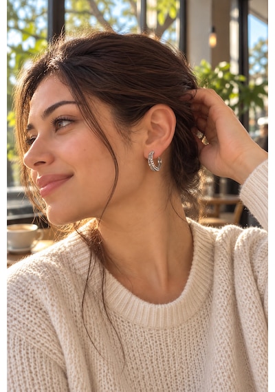 Kadın Çelik Küpe Çift Sıra Zincir Model Halka Küpe Modern Ve Şık Tasarım Gümüş